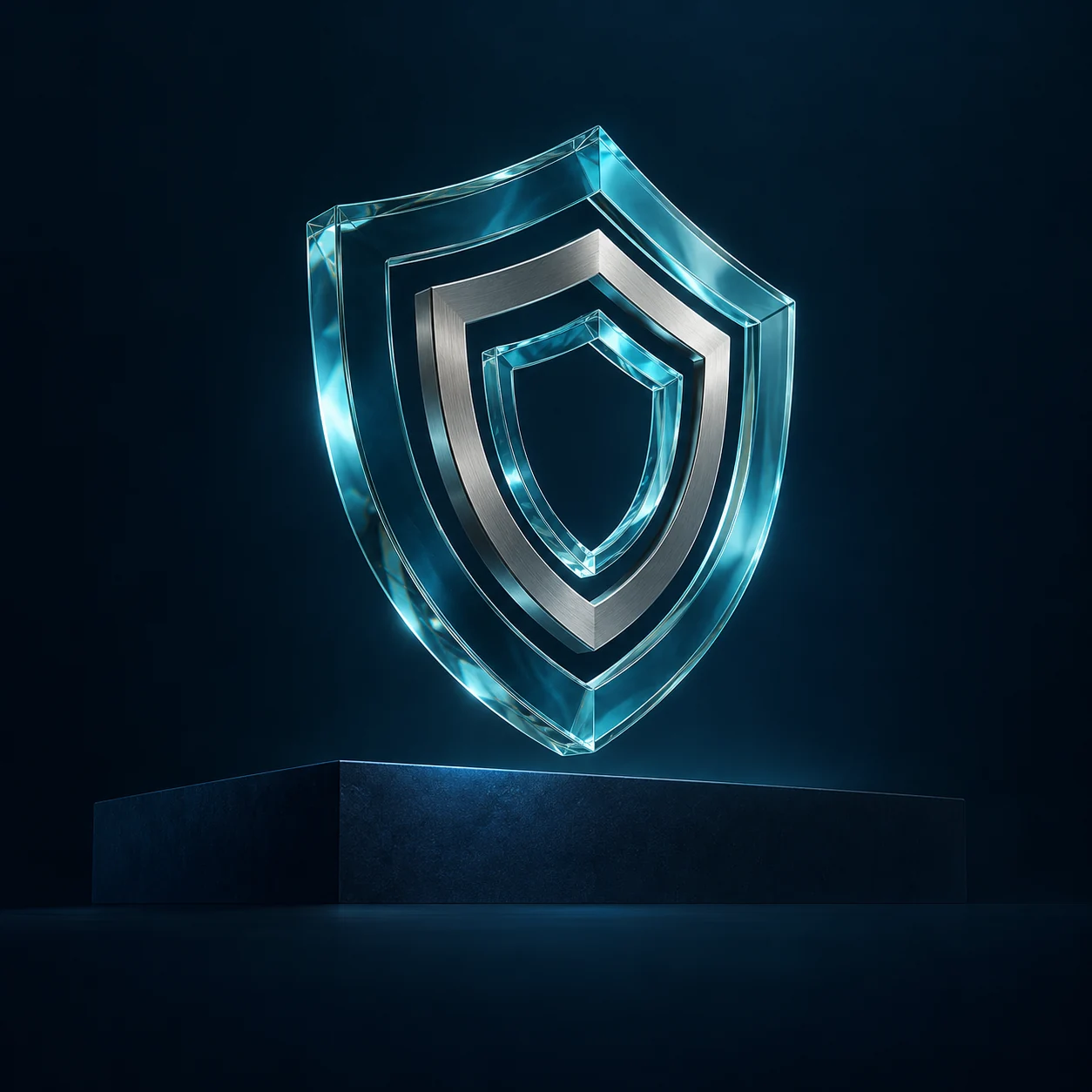 A sculptural glass shield with cyan edges, representing thoughtful protection.